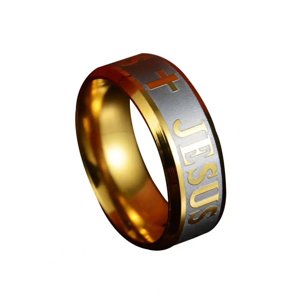 Enduring Word: Engraved 'JESUS' Cross Band Ring – Stainless Steel