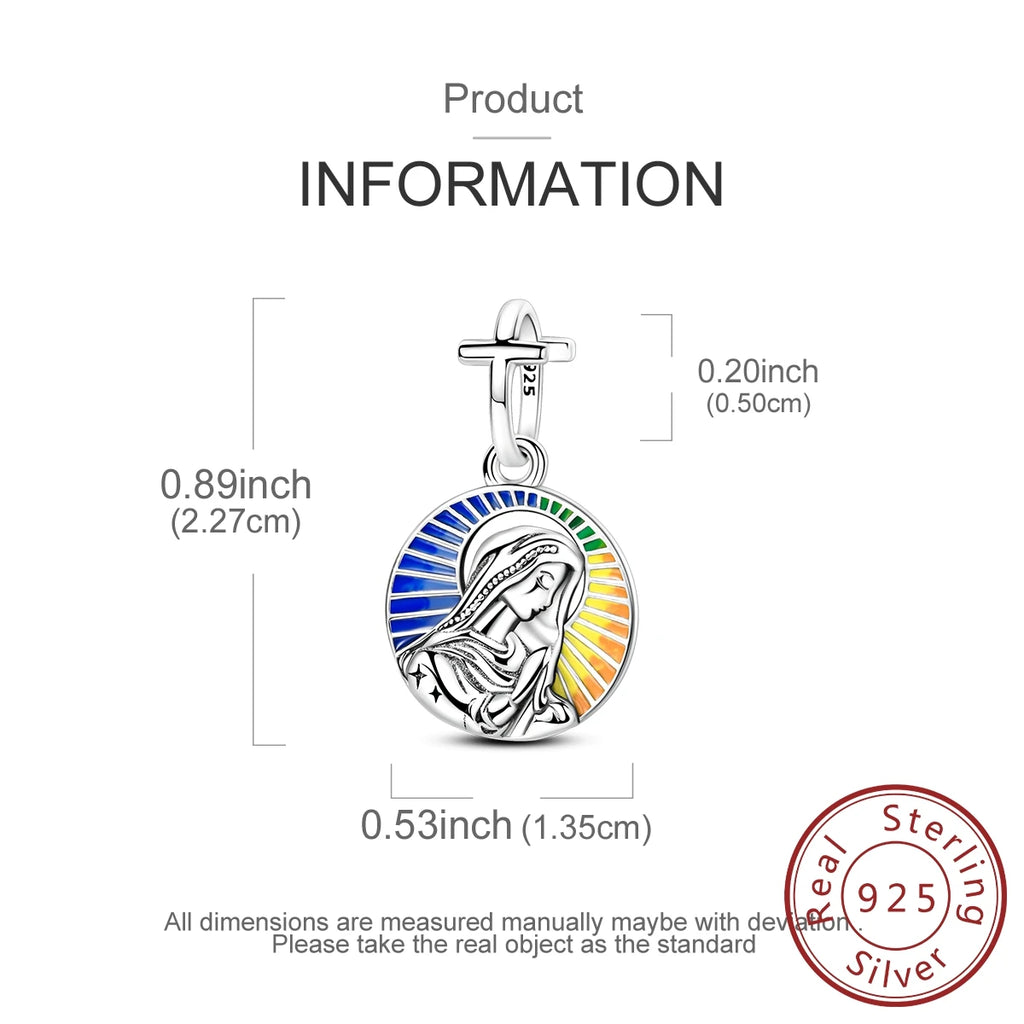 Jewelry pendant with rainbow design and measurements on a white background