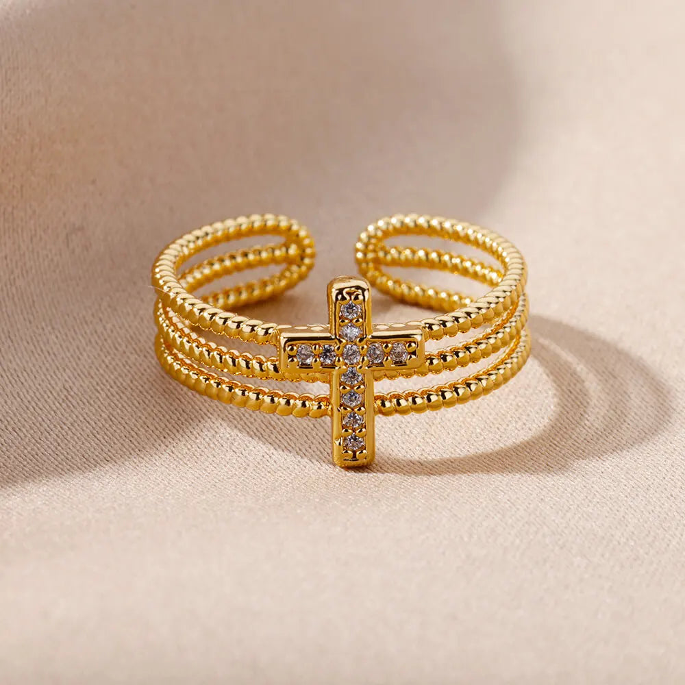 Layered Sparkle: Zircon Cross Adjustable Band Ring – Stainless Steel