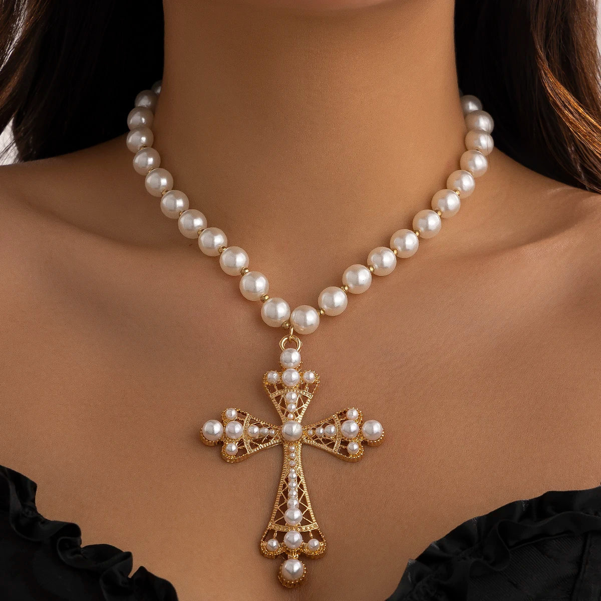 IngeSight.Z Trend Goth Large Cross Pendant Necklace Elegant Charming Imitation Pearl Woman Choker Y2K Neck Jewelry Accessories