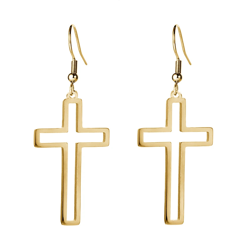 Gold cross-shaped earrings on a white background