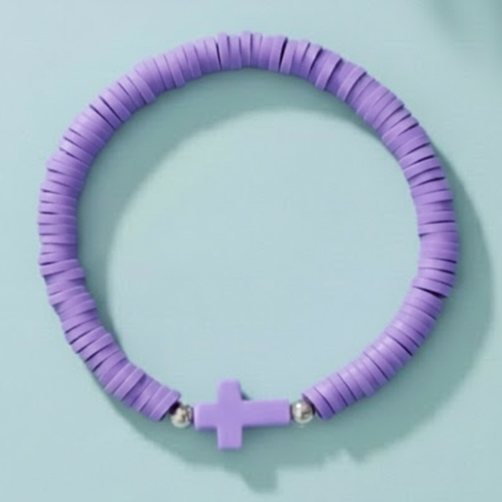 Purple beaded Everyday Faith pastel Heishi bead stretchy bracelet with a subtle acrylic cross charm, featuring soft pink, apricot, and mint green polymer clay beads. Ideal casual spiritual Jewellery for stacking, sound charged, Australian, RuHa Spirit, Rapid Delivery
