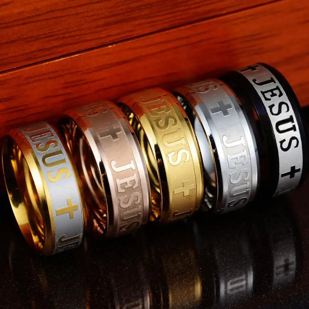 Enduring Word: Engraved 'JESUS' Cross Band Ring – Stainless Steel