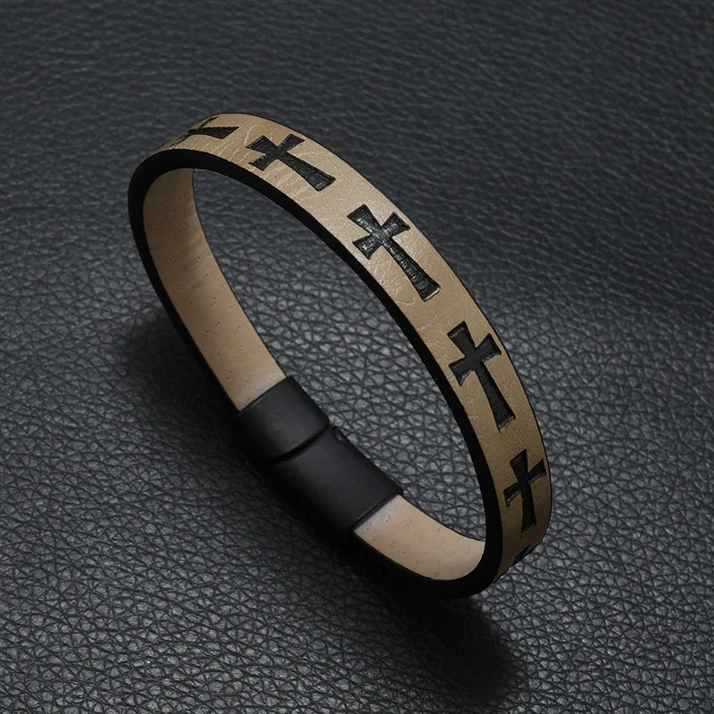 Edgy & Easy: Cross Carved Leather Bracelet with Detachable Magnet Buckle