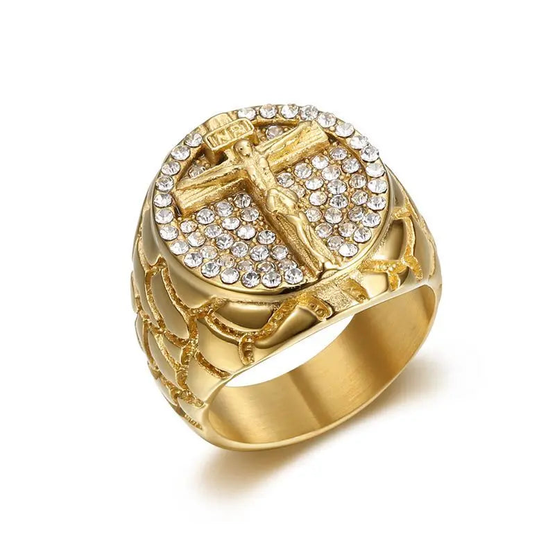 Bold Faith: JESUS Crucifix Signet Ring – Pave Rhinestone Stainless Steel