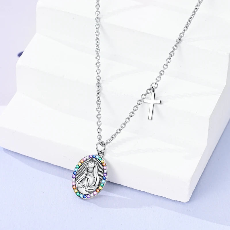 Rainbow of Grace: Sterling Silver Virgin Mary Necklace with Zirconia Halo