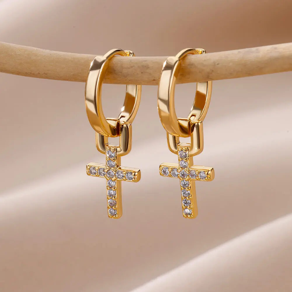 Dazzling Edge: Sleek Zircon Cross Huggie Hoop Earrings – Stainless Steel