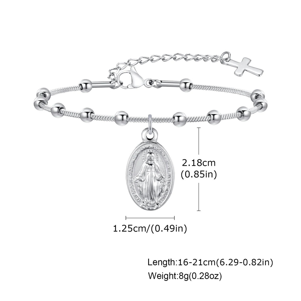 Devotional Elegance: Virgin Mary & Cross Prayer Bracelet – Stainless Steel