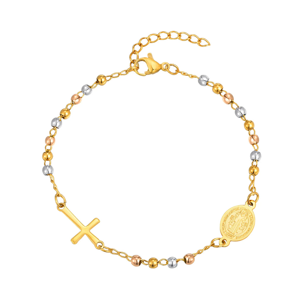 Divine Devotion: Rosary Bracelet with Virgin Mary & Cross – Stainless Steel