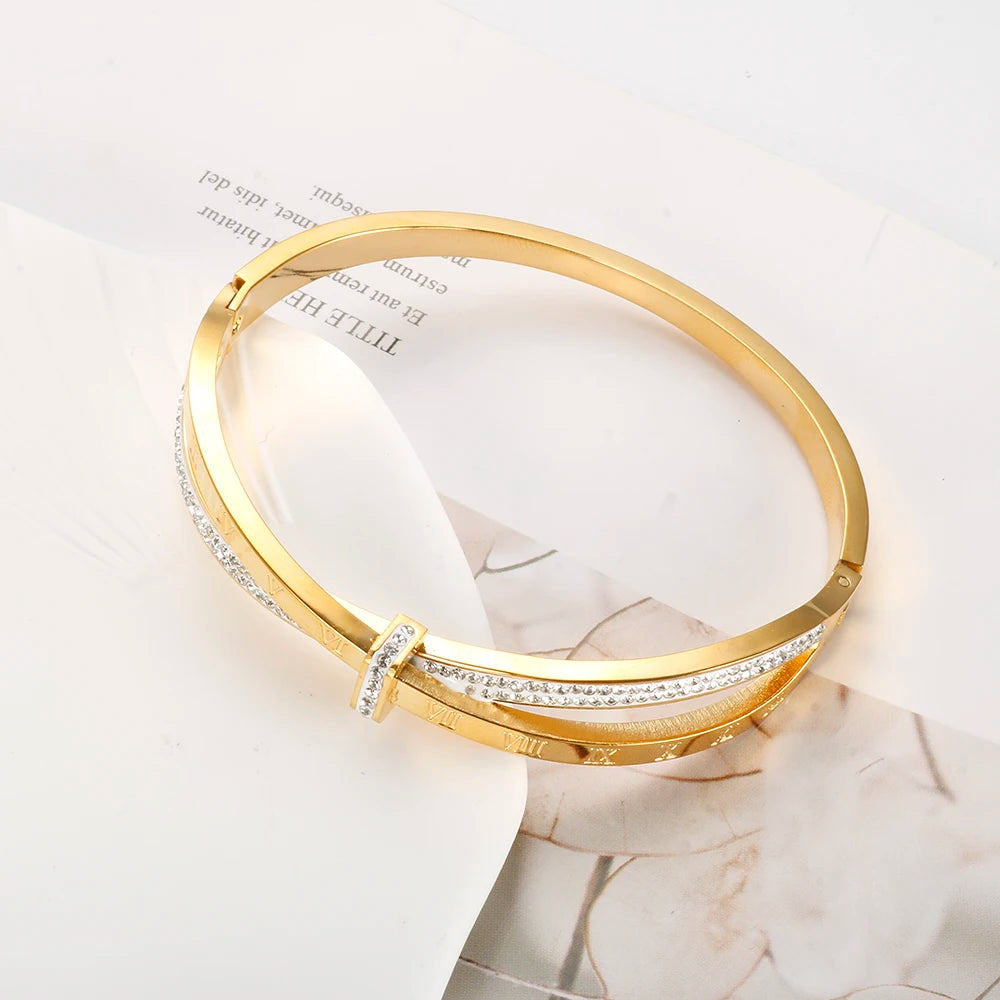 Timeless Elegance: Roman Numeral Cross Crystal Bangle