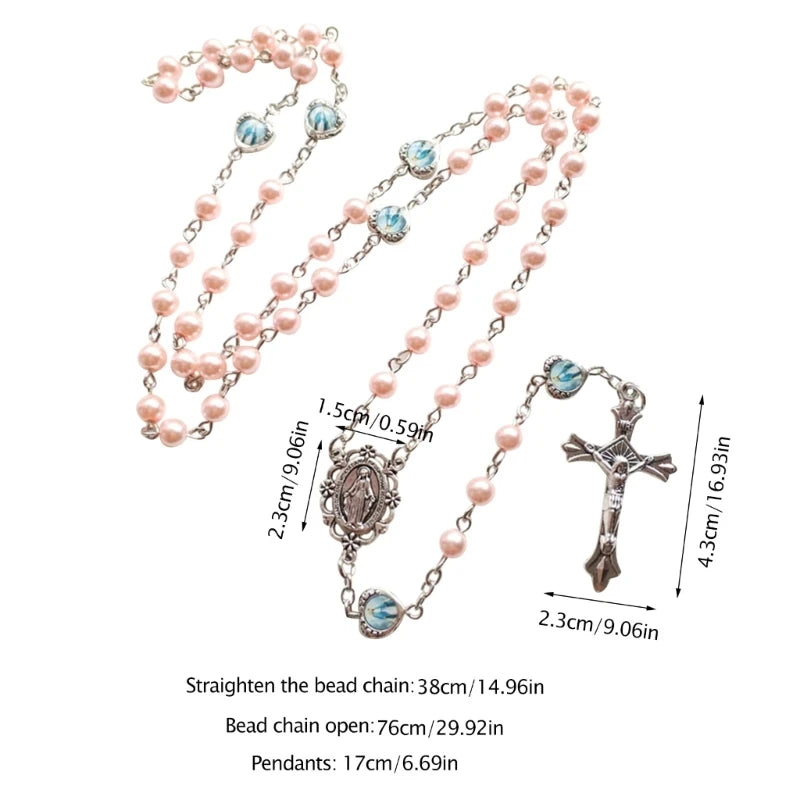 Classic Devotion: Long Pink Pearl Rosary Beads Catholic Necklace