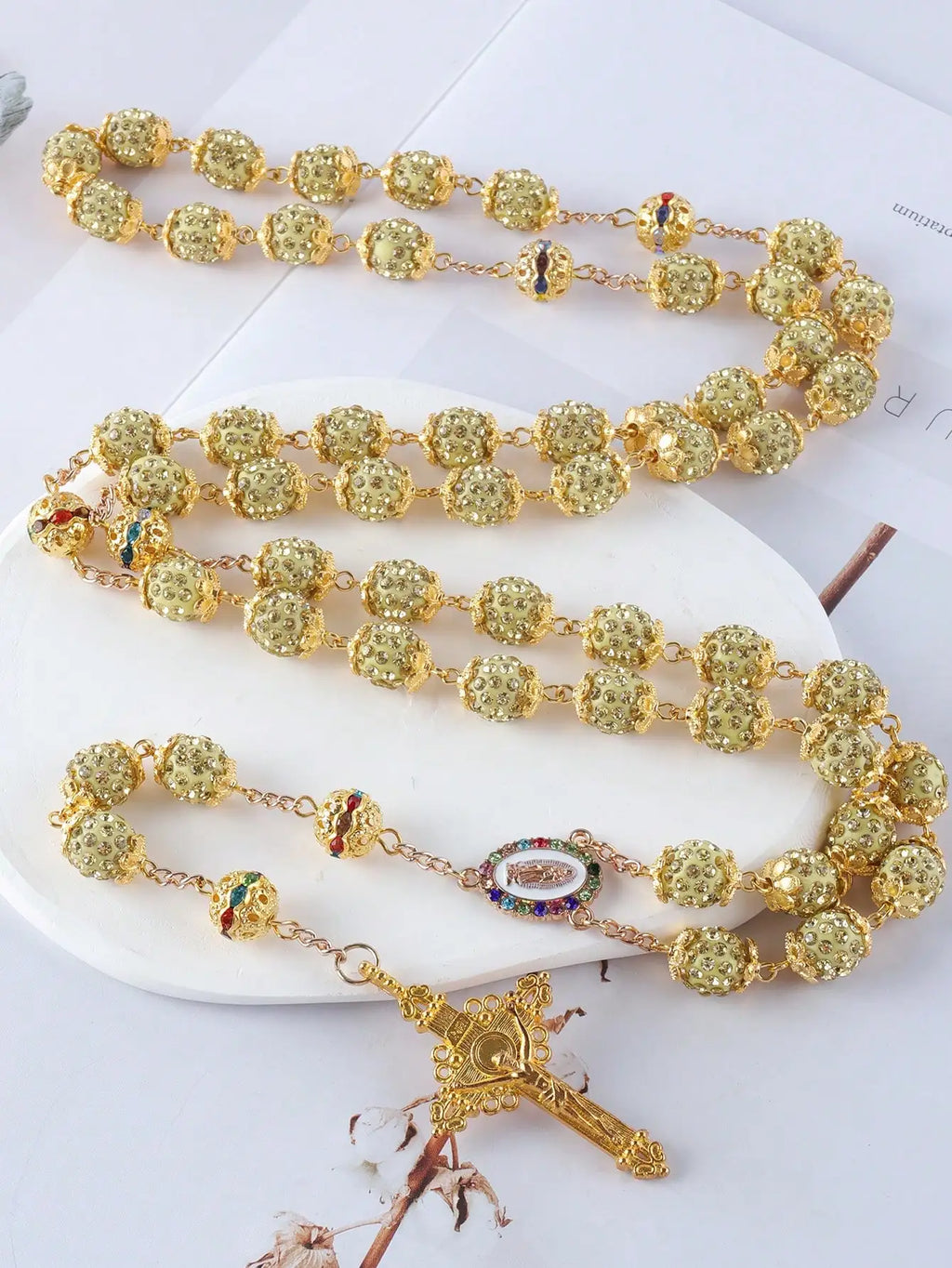 Green tinted beaded rosary with gold accents - crystal rhinestone Catholic rosary necklace with gold Virgin Mary medal and crucifix – full 59-bead five-decade rosary