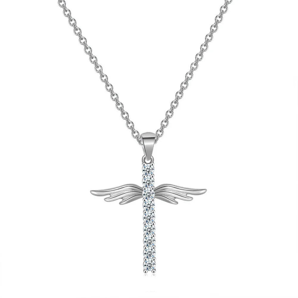 Silver necklace with a cross and wings pendant on a white background