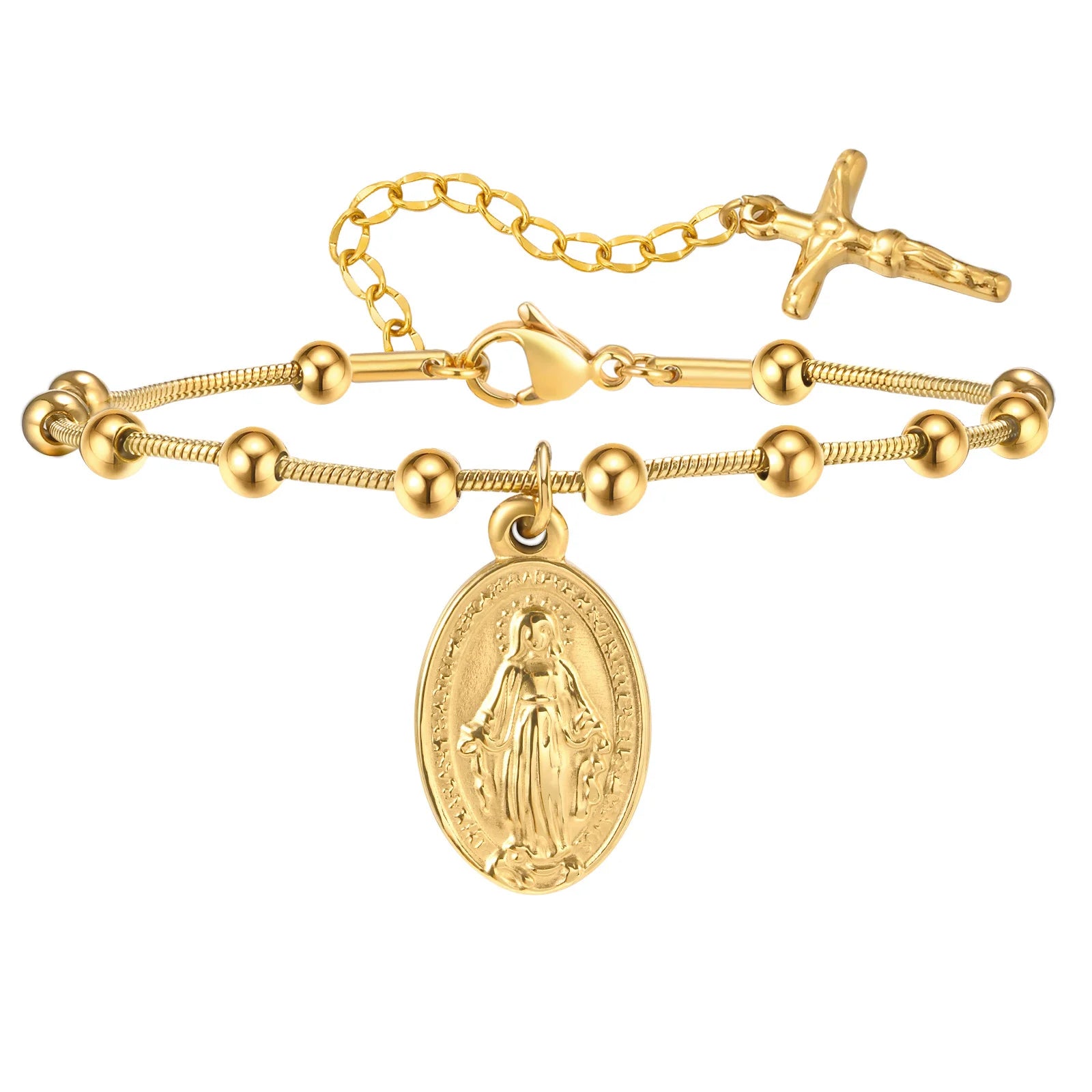 Devotional Elegance: Virgin Mary & Cross Prayer Bracelet – Stainless Steel