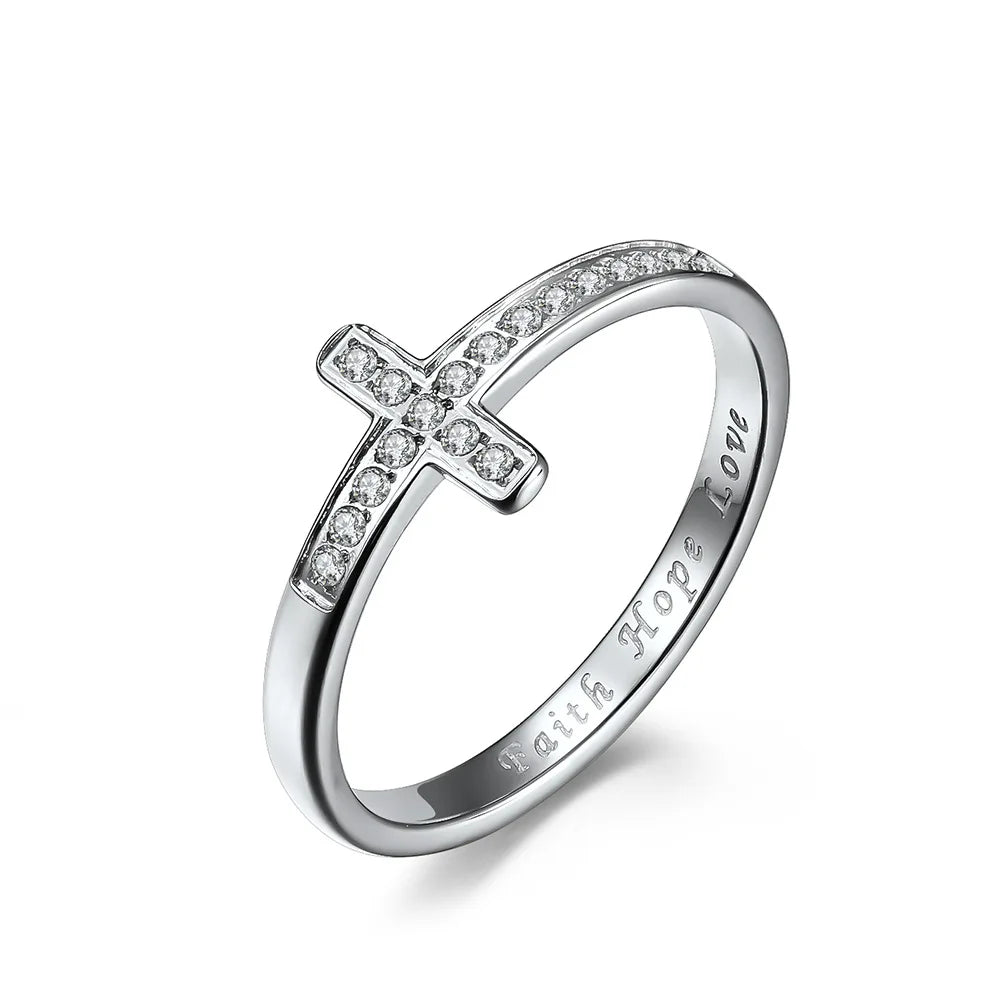 Symbolic Grace: 'Faith Hope Love' Engraved Cross Ring – Stainless Steel