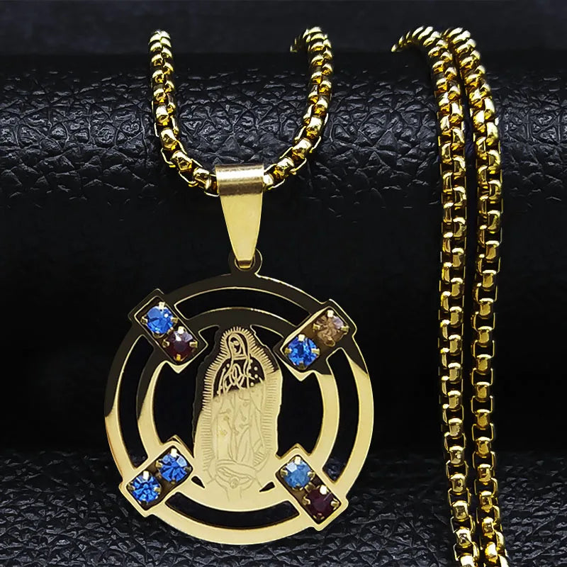 Gold pendant with religious figure and gemstones on a gold chain