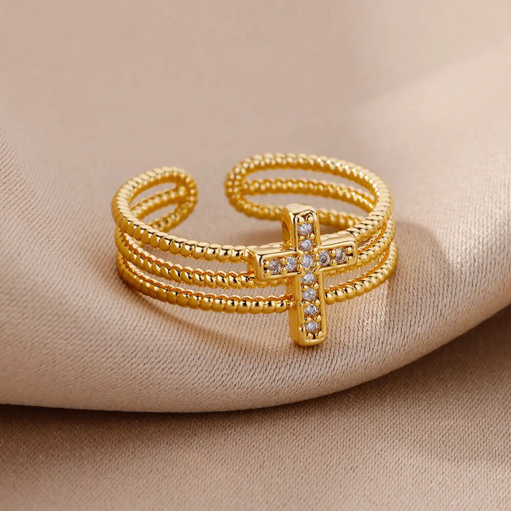 Layered Sparkle: Zircon Cross Adjustable Band Ring – Stainless Steel