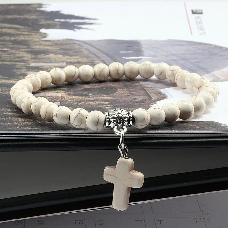 Earthy Vibes: Vintage Cross Natural Stone Beaded Bracelet