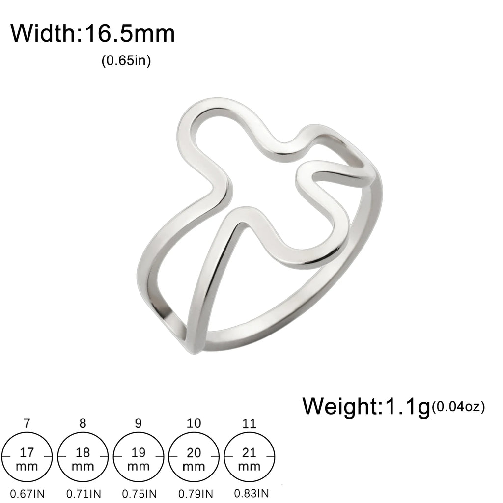 Silver open ring with cross design on a white background, showing size and weight information.