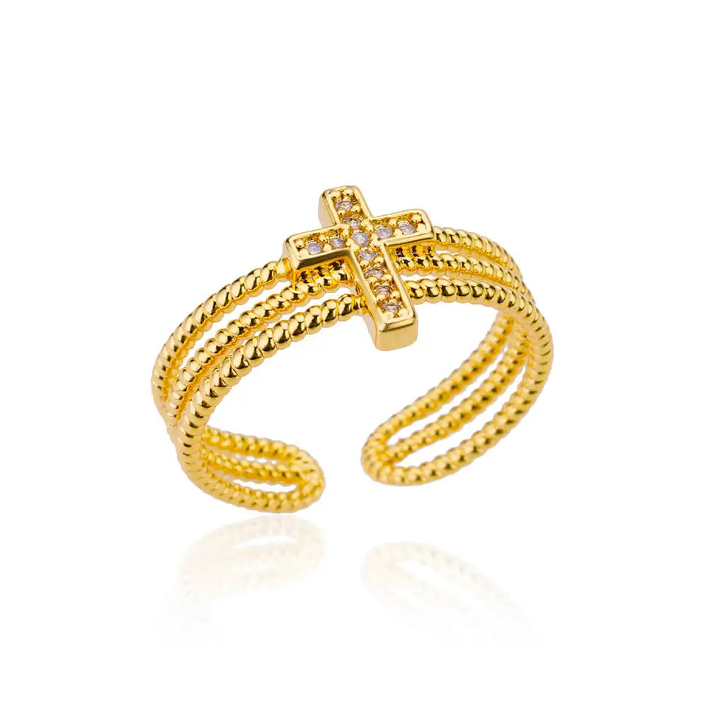 Layered Sparkle: Zircon Cross Adjustable Band Ring – Stainless Steel
