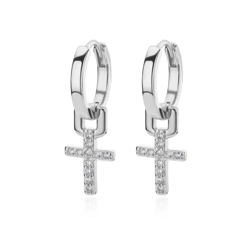 Dazzling Edge: Sleek Zircon Cross Huggie Hoop Earrings – Stainless Steel