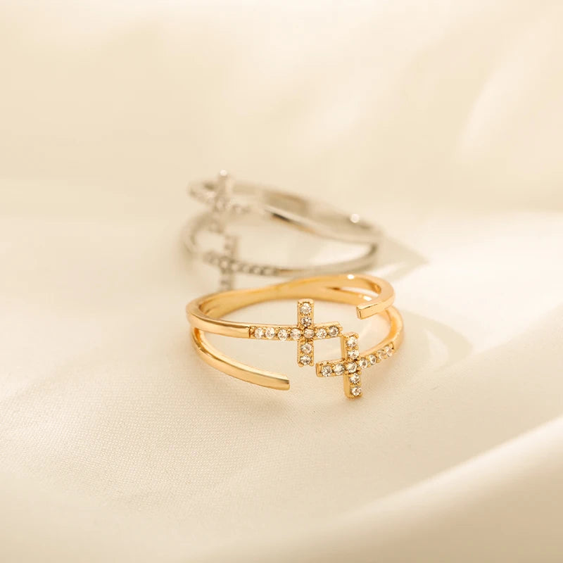 Dual Faith: Zircon Double Cross Adjustable Ring - Stainless Steel