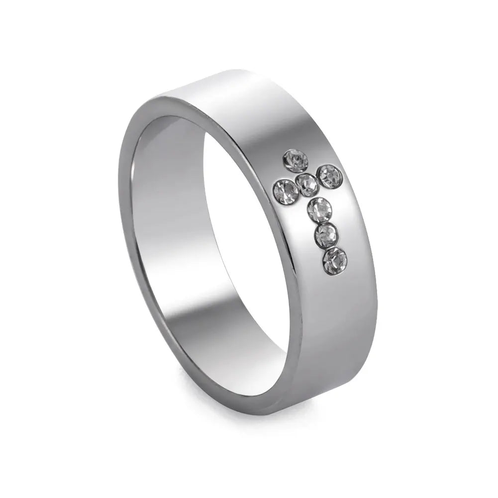 Enduring Sparkle: Clear Zircon Cross Band Ring – Stainless Steel
