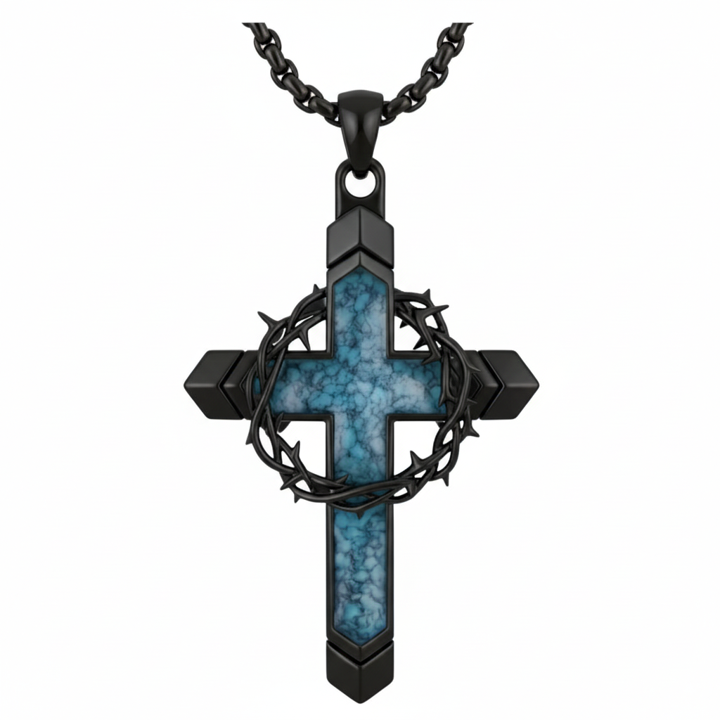 Close-up of the Crowned Mark Glossy Black Stainless Steel Cross Necklace, featuring a layered design with a Crown of Thorns detail and a blue marbled enamel inlay. A bold piece of spiritual Jewellery for men, featuring a 'Rapid Delivery' badge. sound-charged faith jewellery for everyday wear, Australia, Ruha Spirit.
