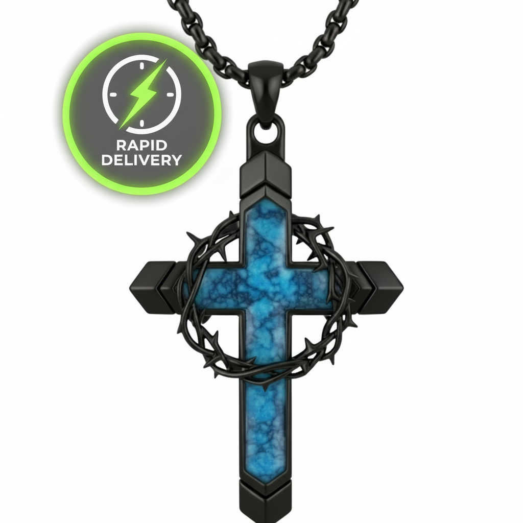 Close-up of the Crowned Mark Glossy Black Stainless Steel Cross Necklace, featuring a layered design with a Crown of Thorns detail and a blue marbled enamel inlay. A bold piece of spiritual Jewellery for men, featuring a 'Rapid Delivery' badge. sound-charged faith jewellery for everyday wear, Australia, Ruha Spirit.