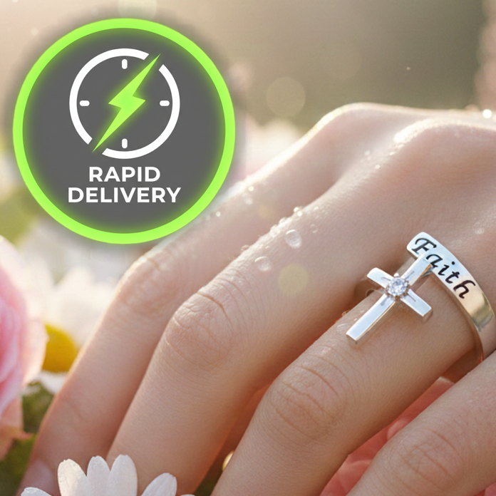 Close-up of the Eternal Focus Silver Faith Scripture Cross Ring, an adjustable stainless steel open-wrap ring inscribed with 'Faith' and set with a central Cubic Zirconia stone. Minimalist spiritual Jewellery, sound-charged, Australia, RuHa Spirit
