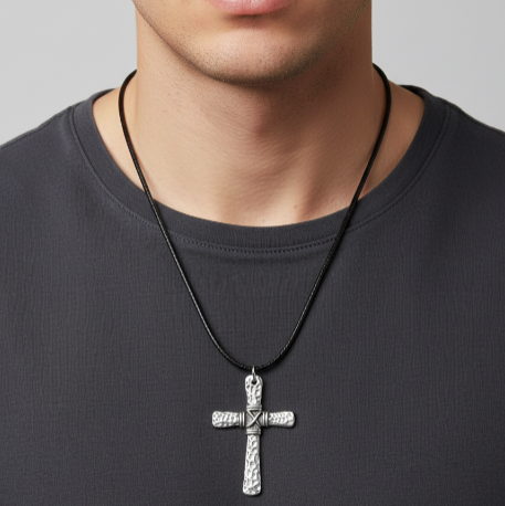 Man wearing a black shirt with Hammered Heritage Silver-Tone Stainless Steel Cross Necklace, featuring a rugged, vintage texture and wrapped centre detailing, displayed on a contrasting black leather cord. Ideal faith Jewellery for a rugged aesthetic, sound-charged faith jewellery for everyday wear, Australia, RuHa Spirit.